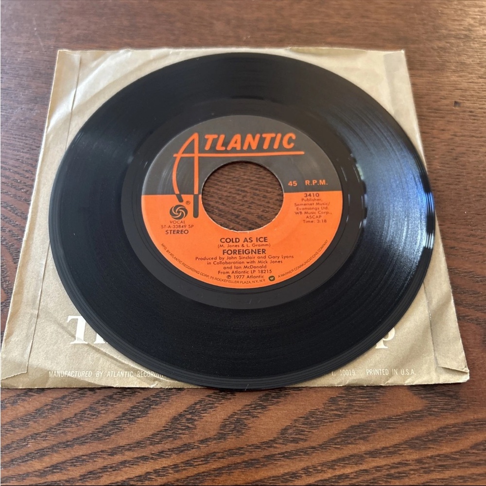 Foreigner “Cold As Ice/I Need You”- Atlantic Vinyl Record